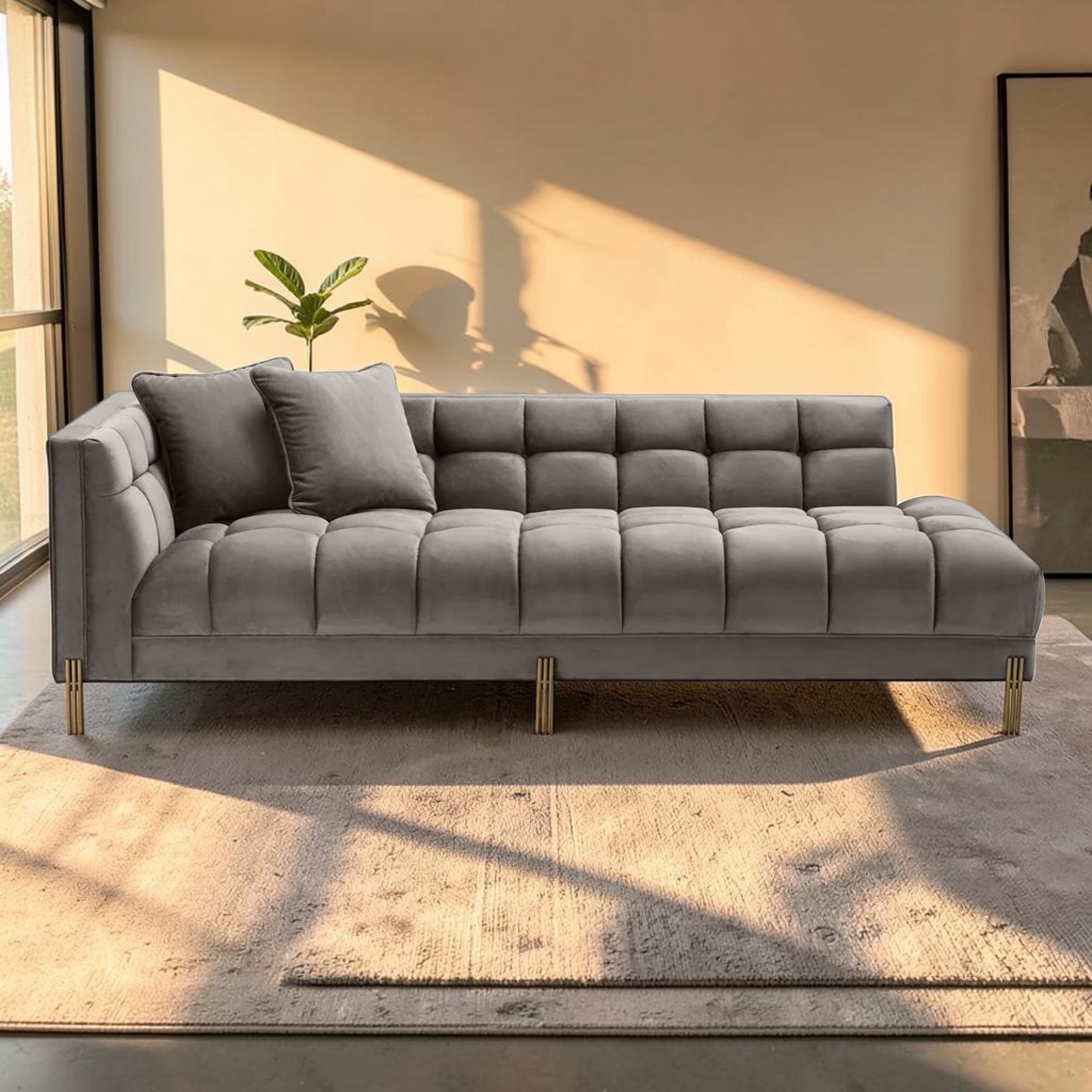 Tufted Gray Velvet, Living Room Lounge Sofa with Gold Legs
