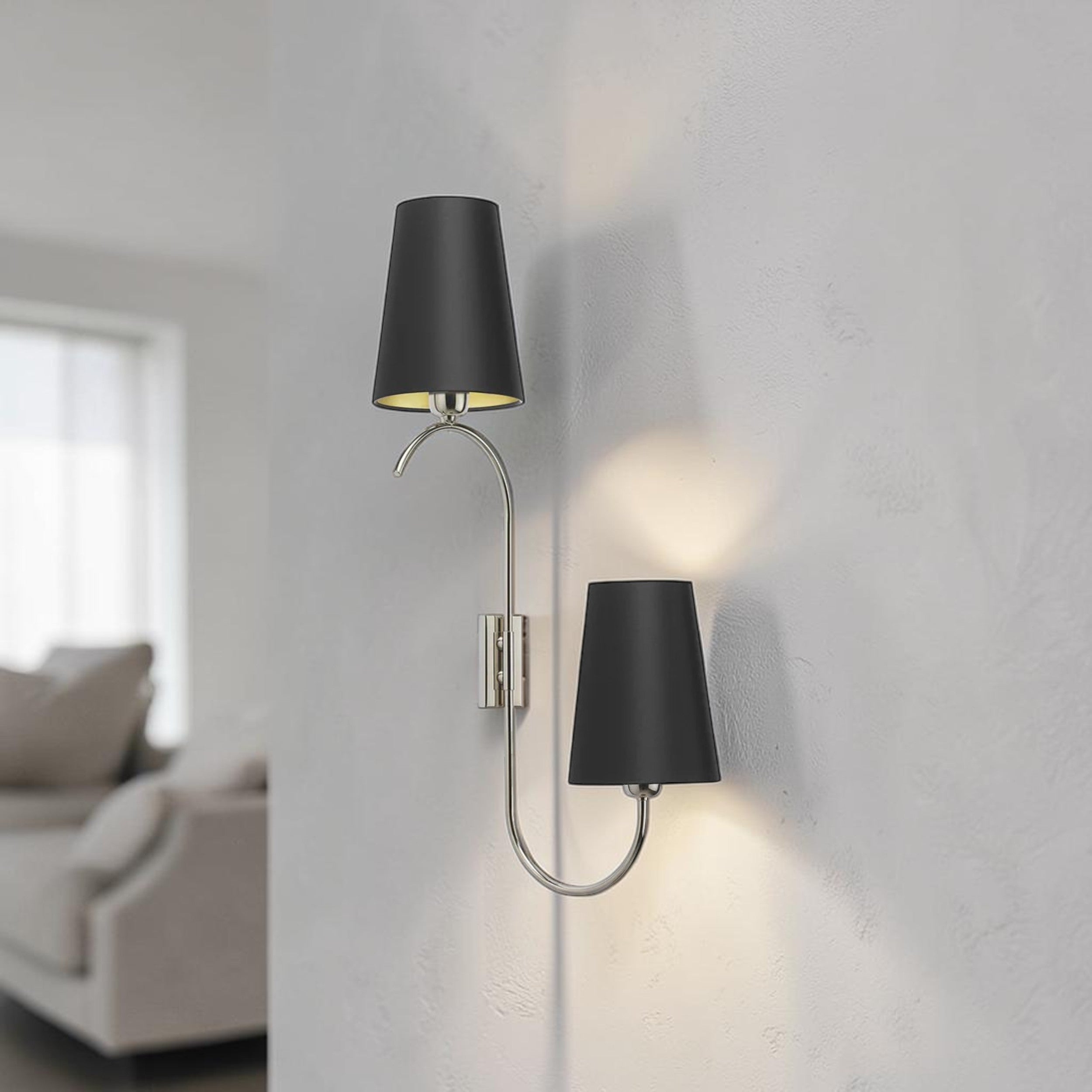 Dual Arm, Wall Light with Black Drum Shades