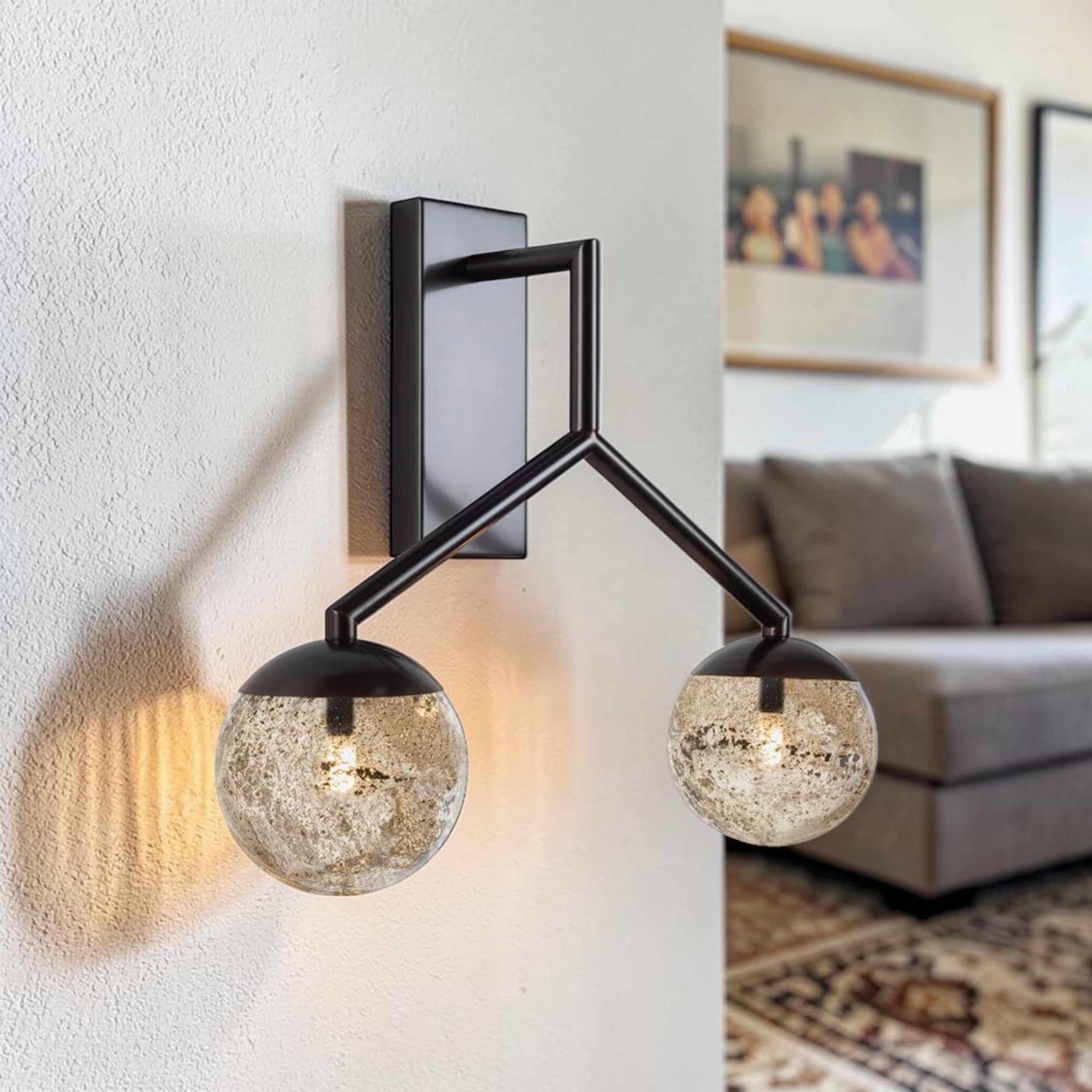Modern Double Globe, Wall Light with Textured Glass Shades