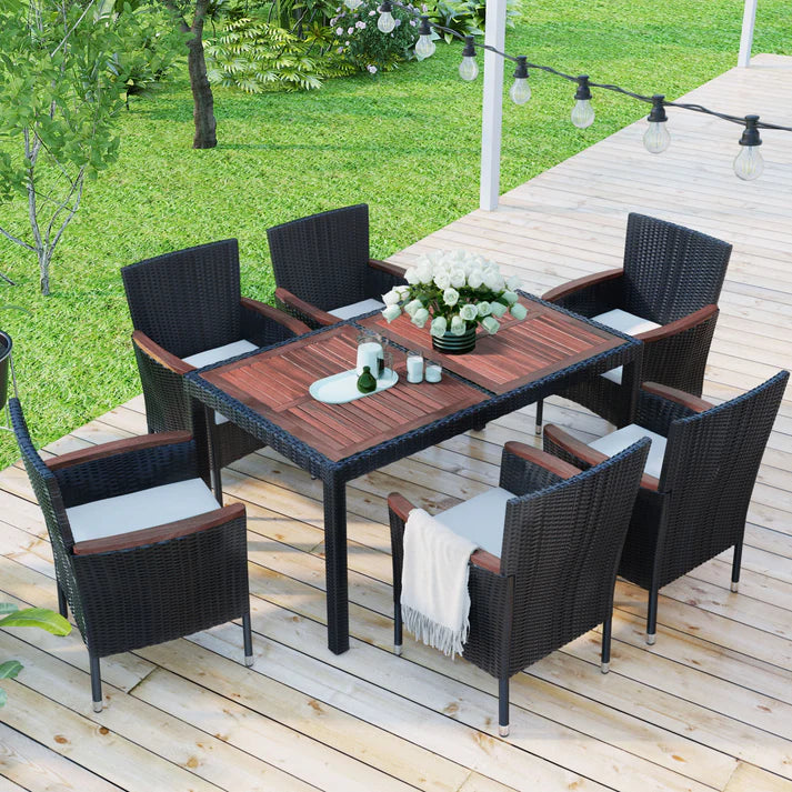 7 Piece Outdoor Dining Set with Acacia Wood Table and Cushioned Wicker Chairs
