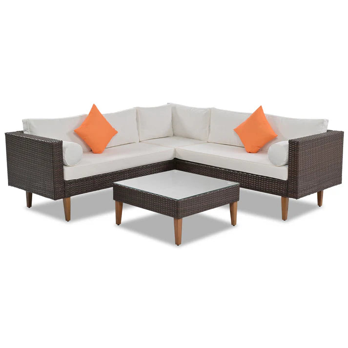 4 Piece Outdoor Wicker Sofa Set with Coffee Table and Cushions