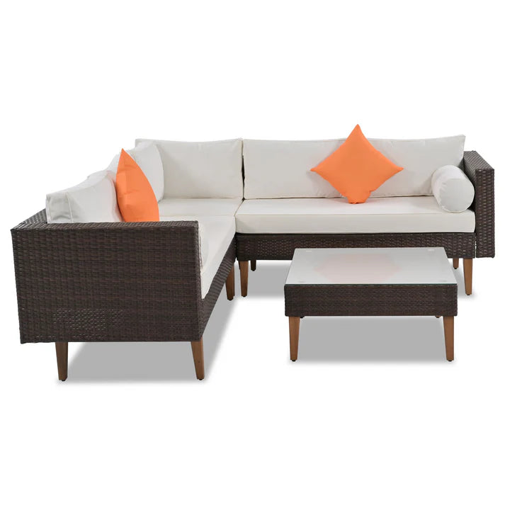4 Piece Outdoor Wicker Sofa Set with Coffee Table and Cushions