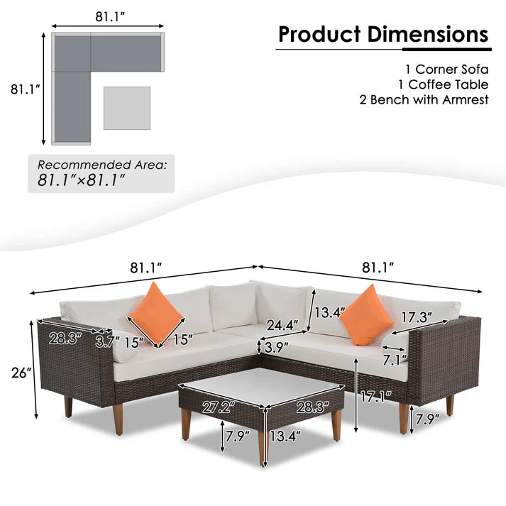 4 Piece Outdoor Wicker Sofa Set with Coffee Table and Cushions