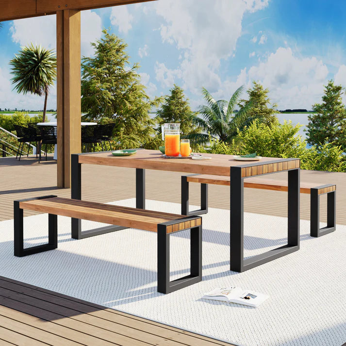 3 Piece Outdoor Dining Set with Acacia Wood Table and Benches