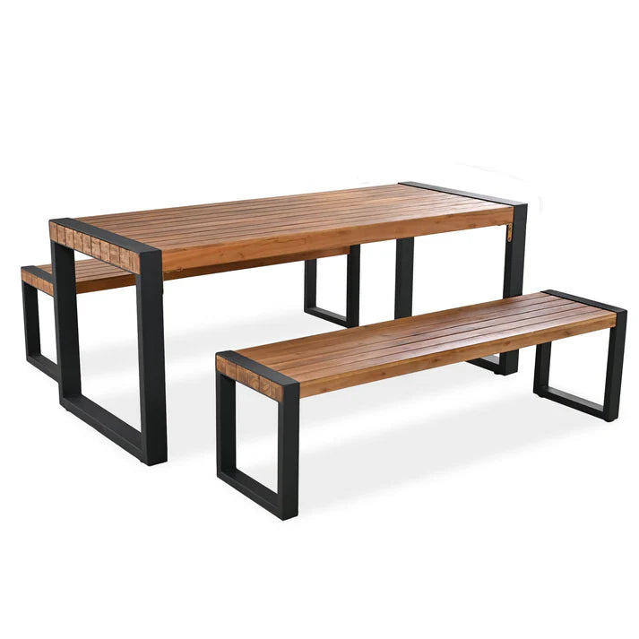 3 Piece Outdoor Dining Set with Acacia Wood Table and Benches