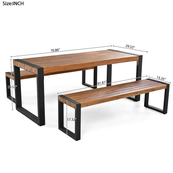 3 Piece Outdoor Dining Set with Acacia Wood Table and Benches