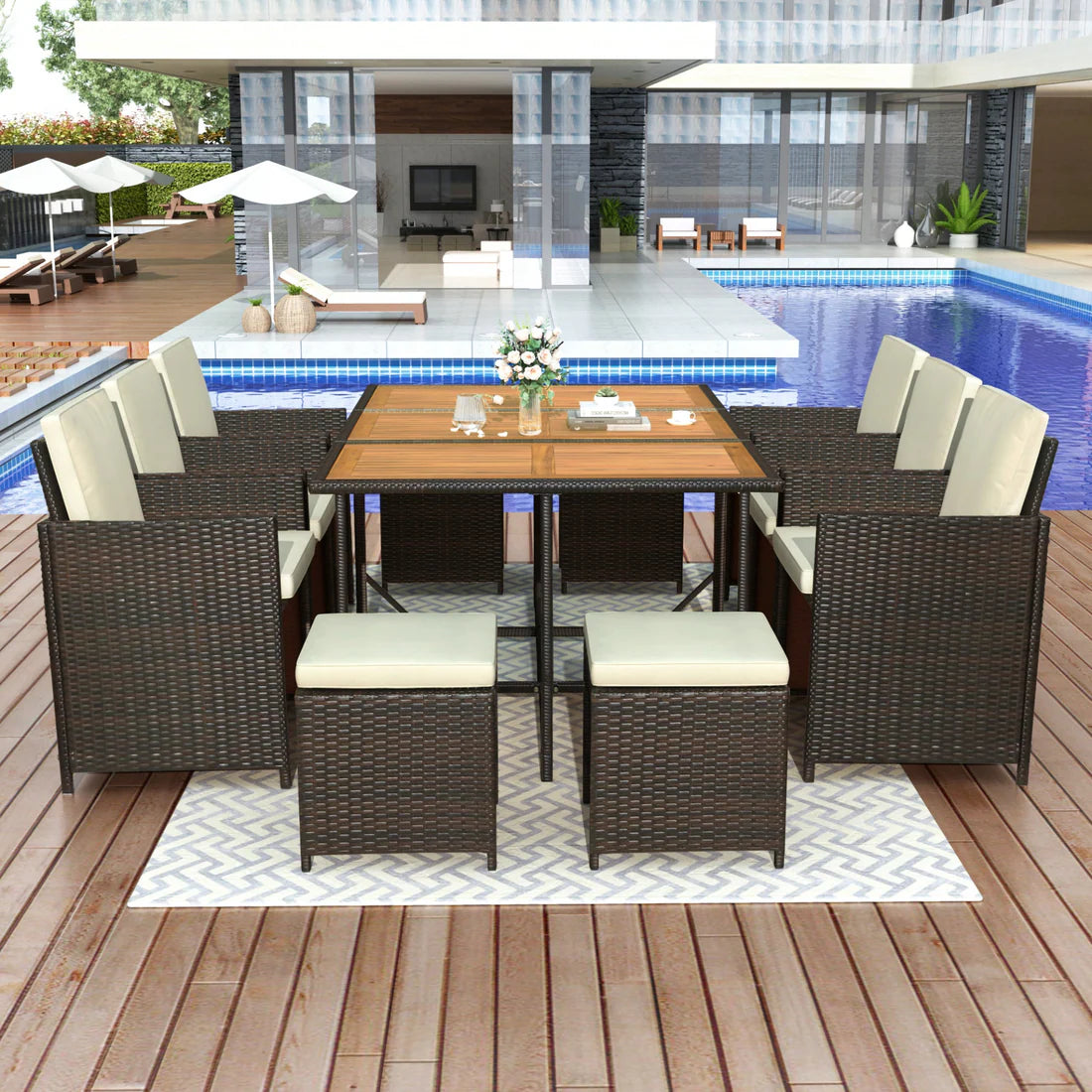11 Piece Outdoor Dining Set with Wicker Chairs, Ottomans, and Acacia Wood Table