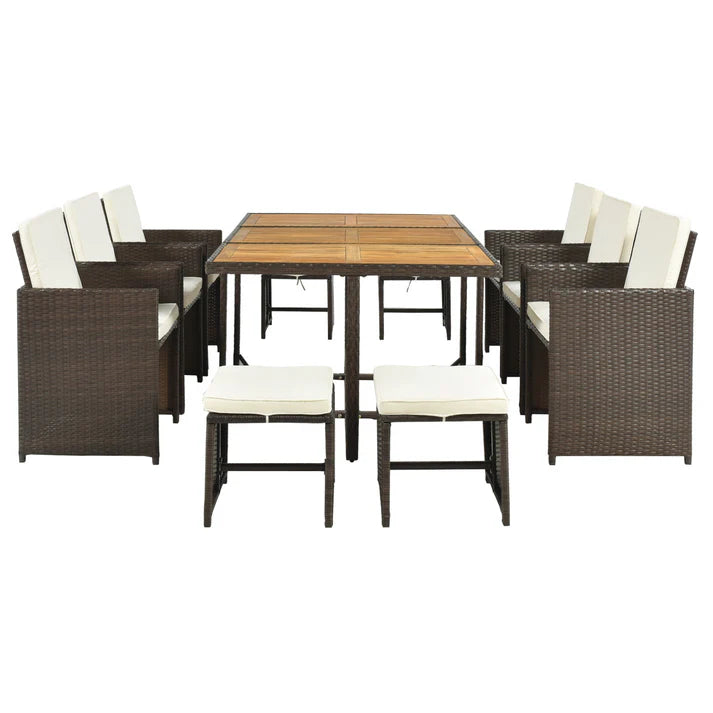 11 Piece Outdoor Dining Set with Wicker Chairs, Ottomans, and Acacia Wood Table