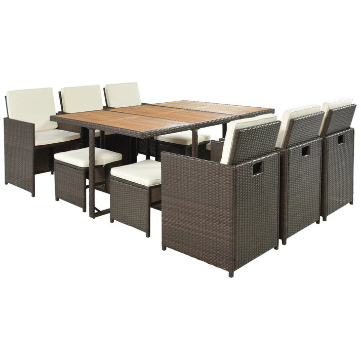 11 Piece Outdoor Dining Set with Wicker Chairs, Ottomans, and Acacia Wood Table