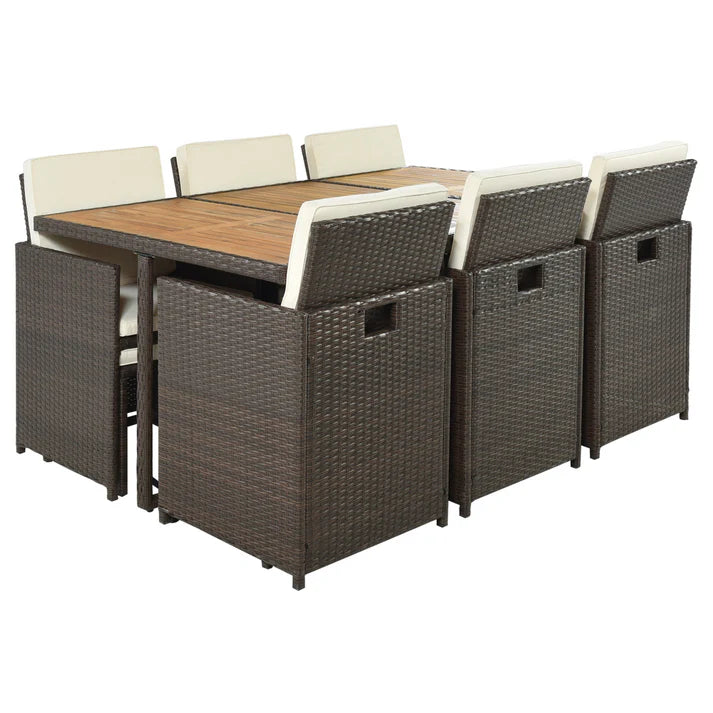 11 Piece Outdoor Dining Set with Wicker Chairs, Ottomans, and Acacia Wood Table