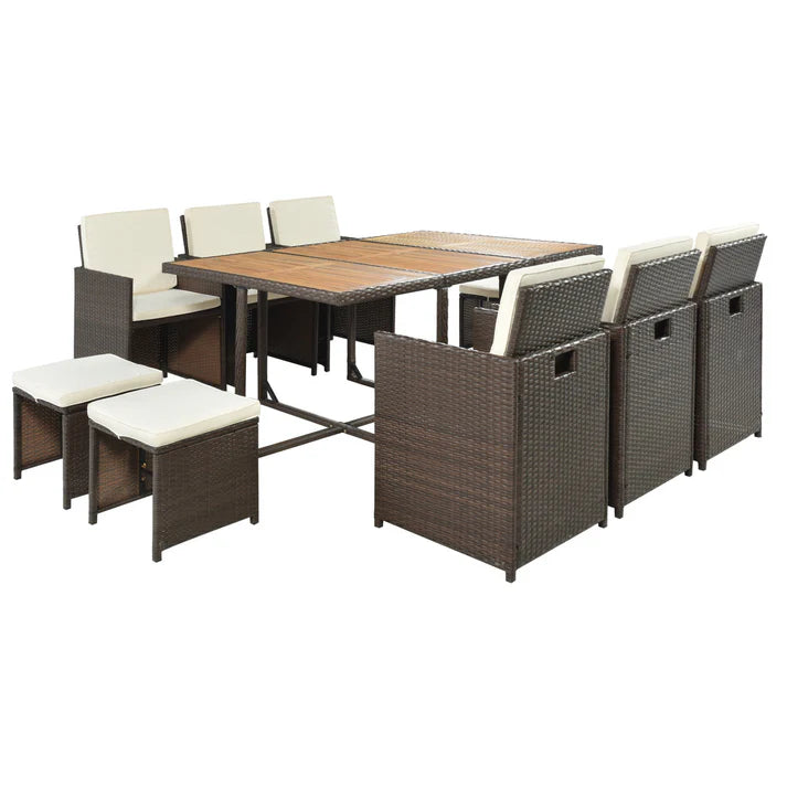11 Piece Outdoor Dining Set with Wicker Chairs, Ottomans, and Acacia Wood Table