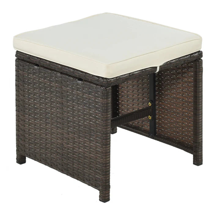 11 Piece Outdoor Dining Set with Wicker Chairs, Ottomans, and Acacia Wood Table
