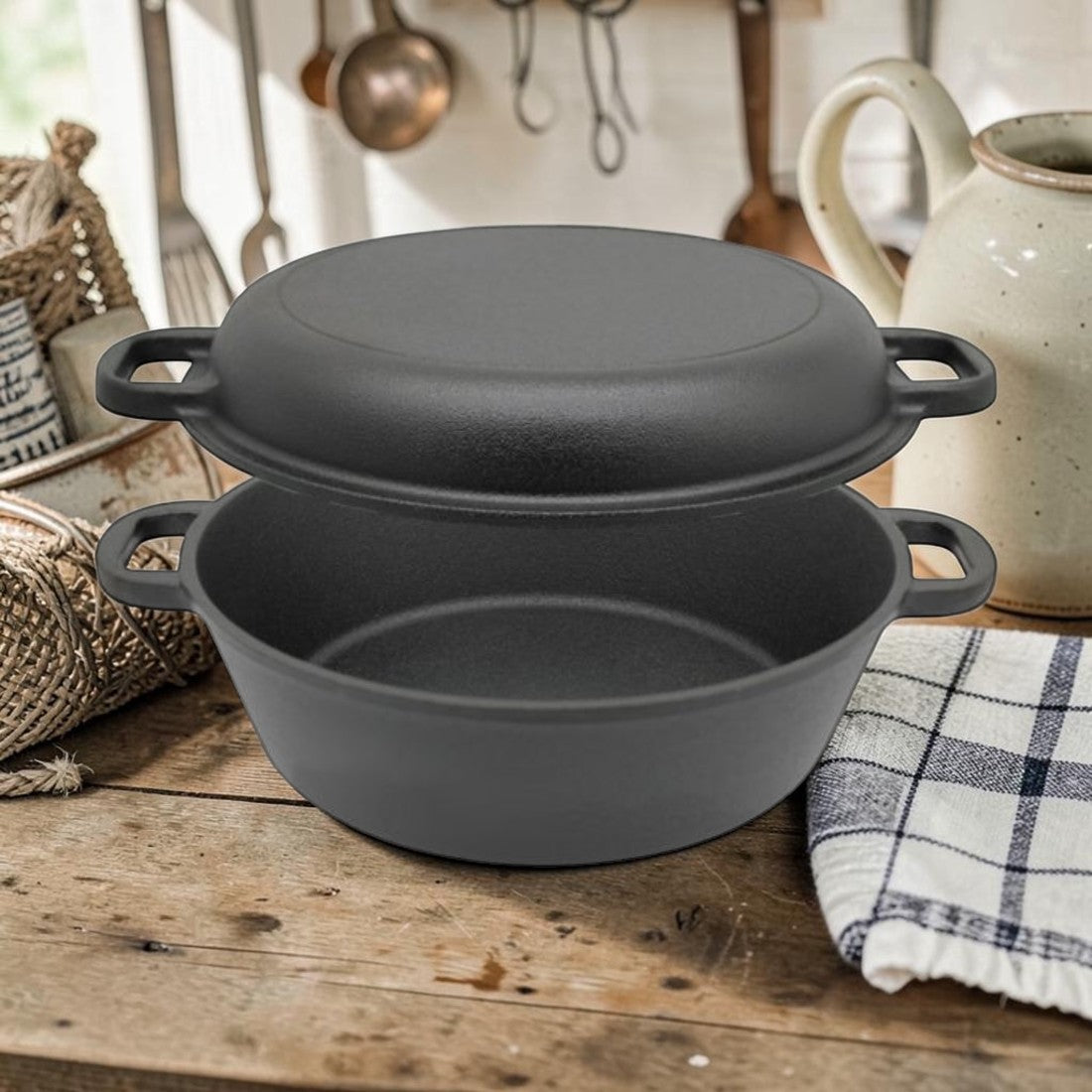 2 in 1 Cast Iron, Double Dutch Oven with Skillet Lid, 3 Qt