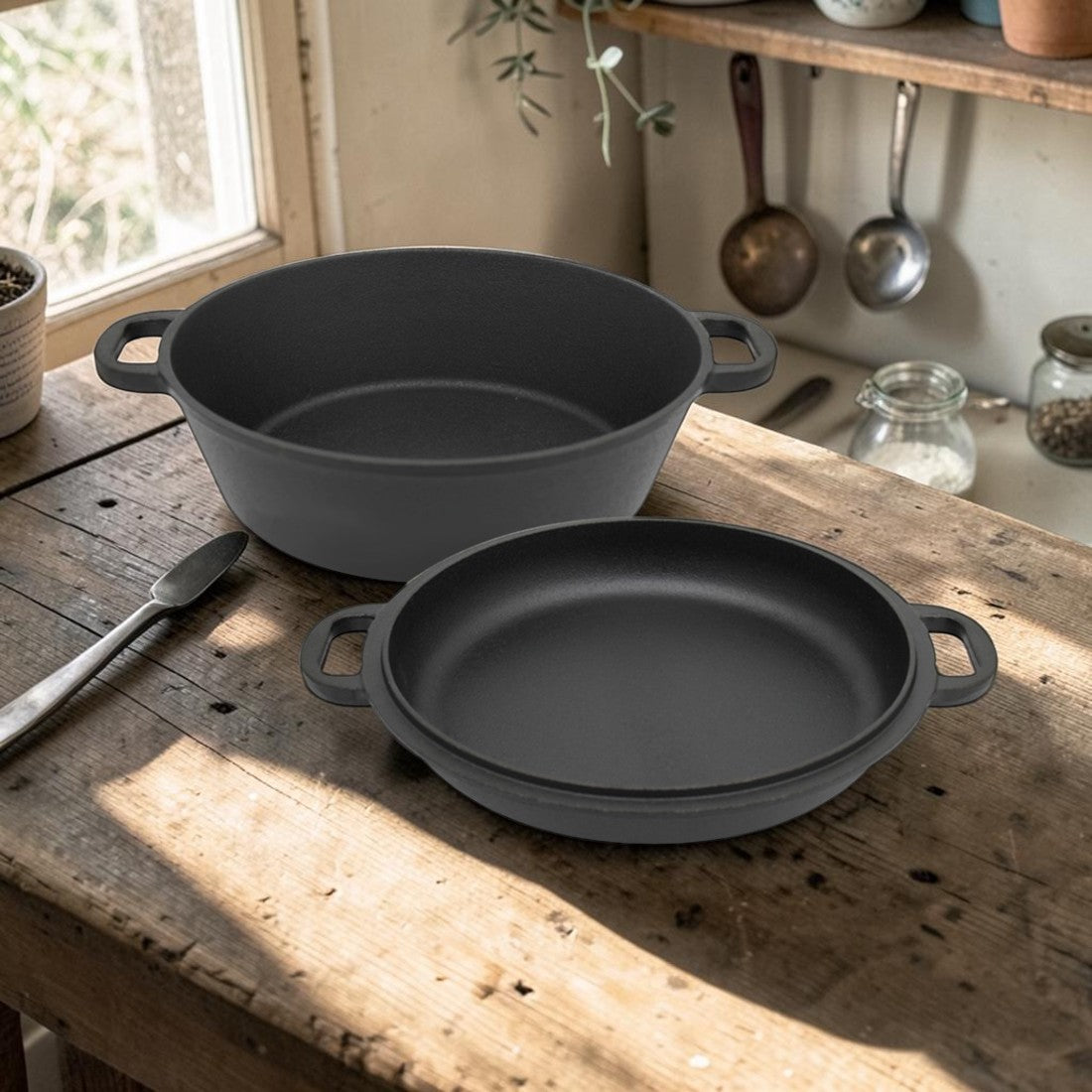 2 in 1 Cast Iron, Double Dutch Oven with Skillet Lid, 3 Qt