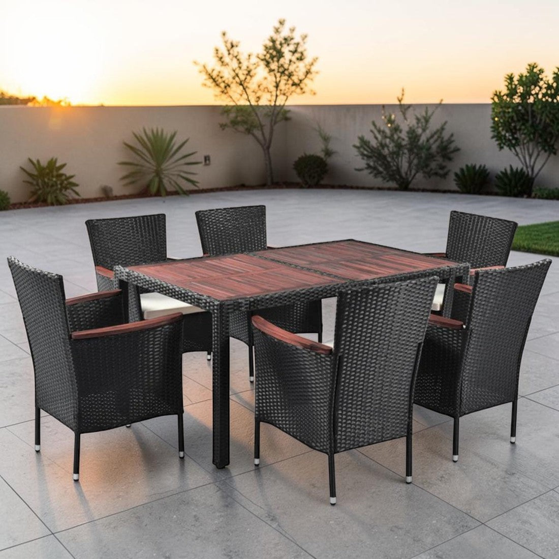 7 Piece Outdoor Dining Set with Acacia Wood Table and Cushioned Wicker Chairs