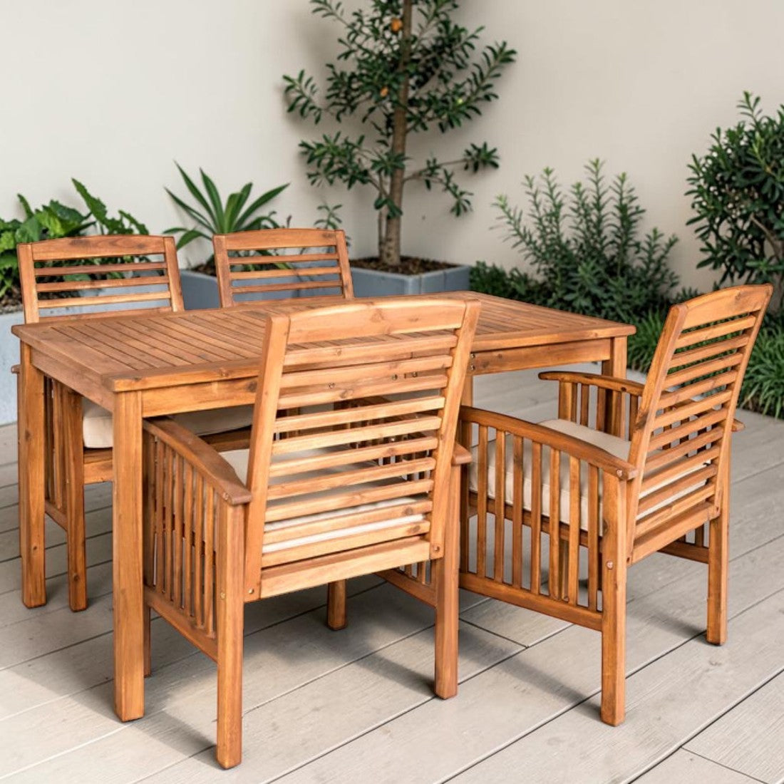 5 Piece Acacia Wood, Outdoor Dining Set with Cushioned Chairs