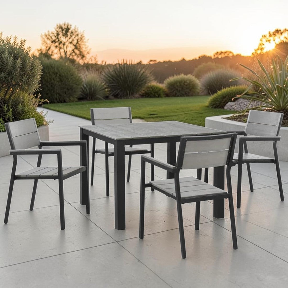 5 Piece Outdoor Dining Set with Aluminum Frame and Gray Wood Look Tabletop