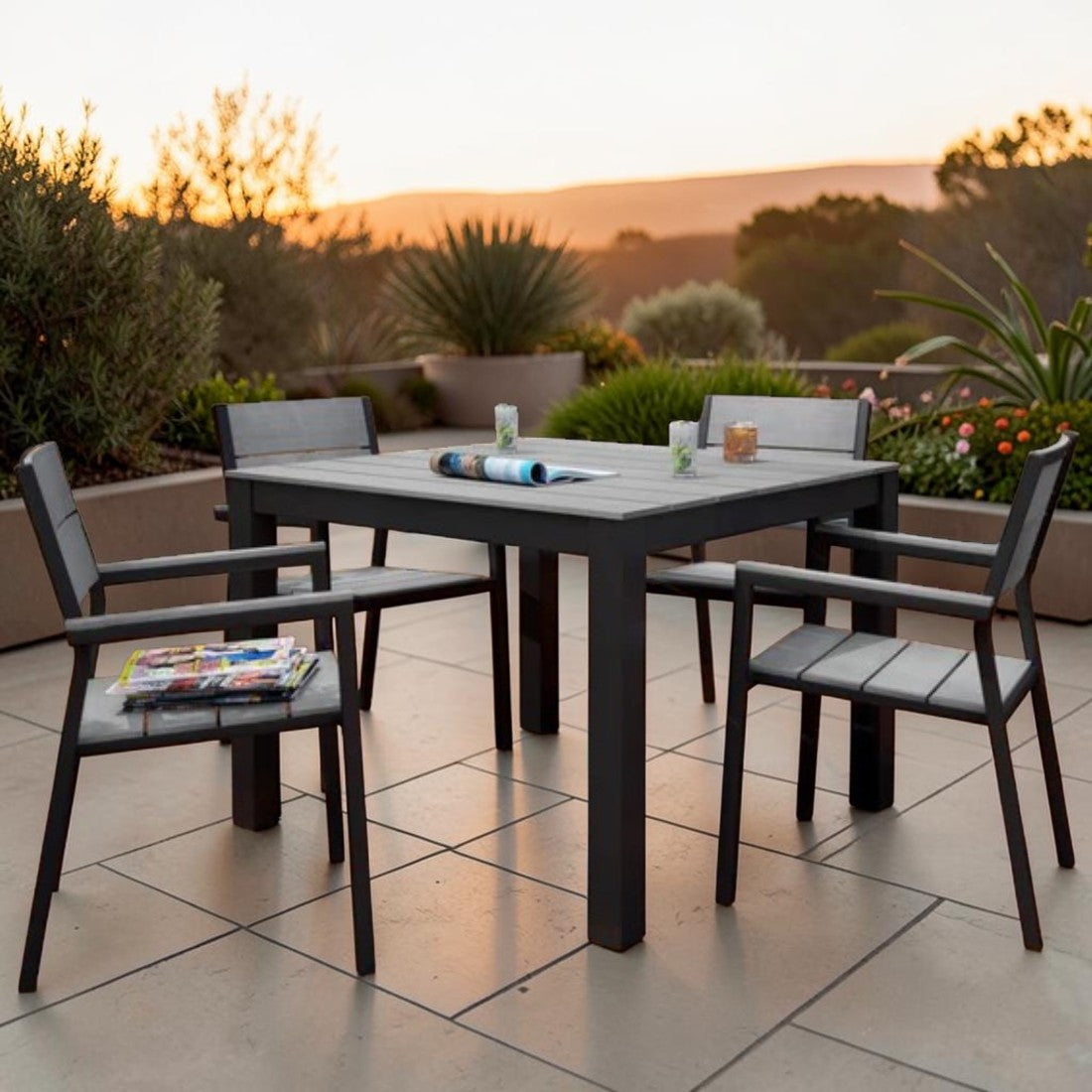 5 Piece Outdoor Dining Set with Aluminum Frame and Gray Wood Look Tabletop
