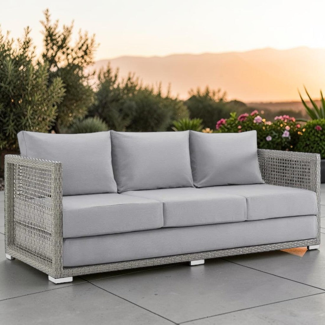 Gray Wicker, Outdoor Sofa with Cushioned Seating