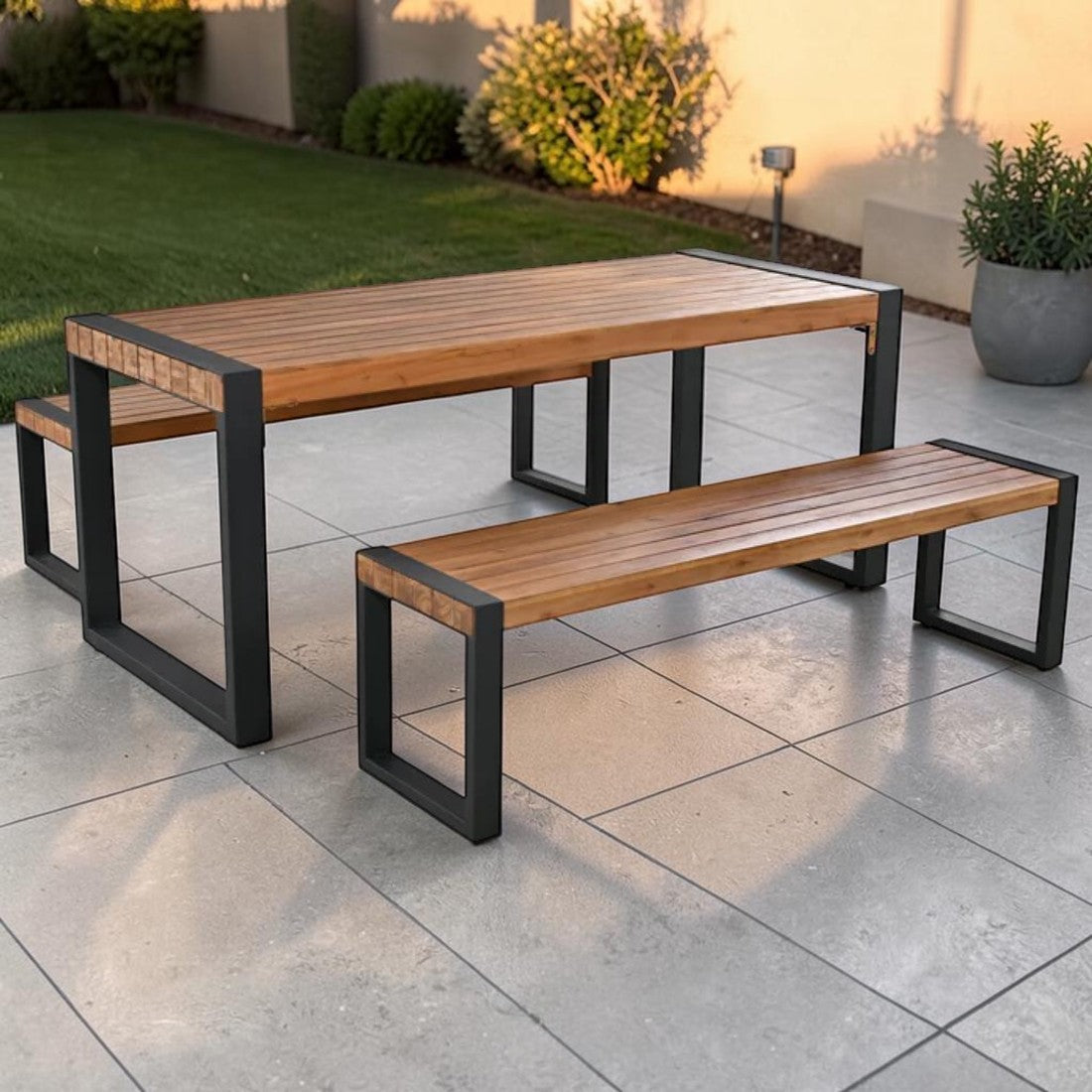 3 Piece Outdoor Dining Set with Acacia Wood Table and Benches