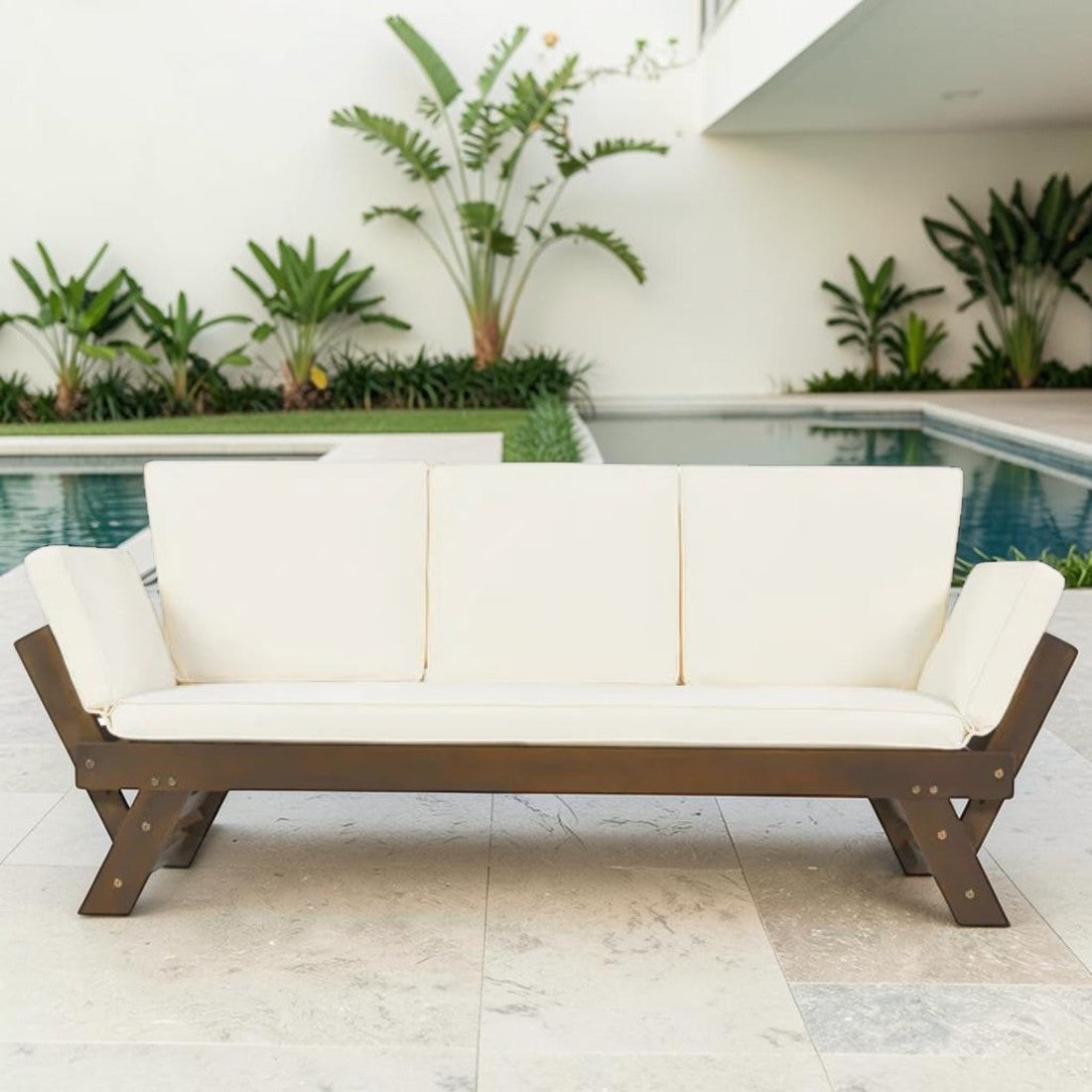 Adjustable Outdoor Wooden Daybed Sofa with Cushions
