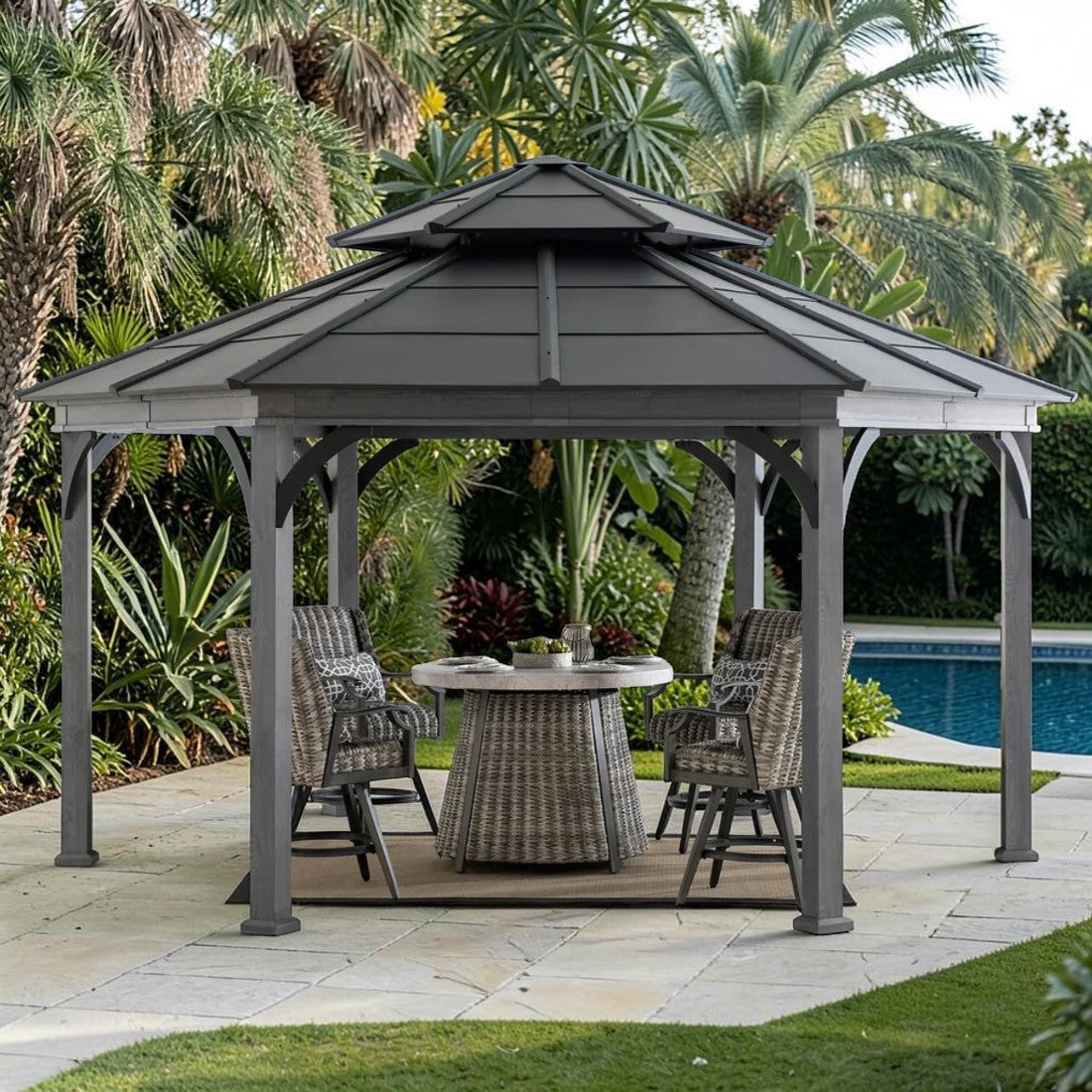 Hexagonal Hardtop Gazebo with Aluminum Frame and Ceiling Hook, 18 ft.