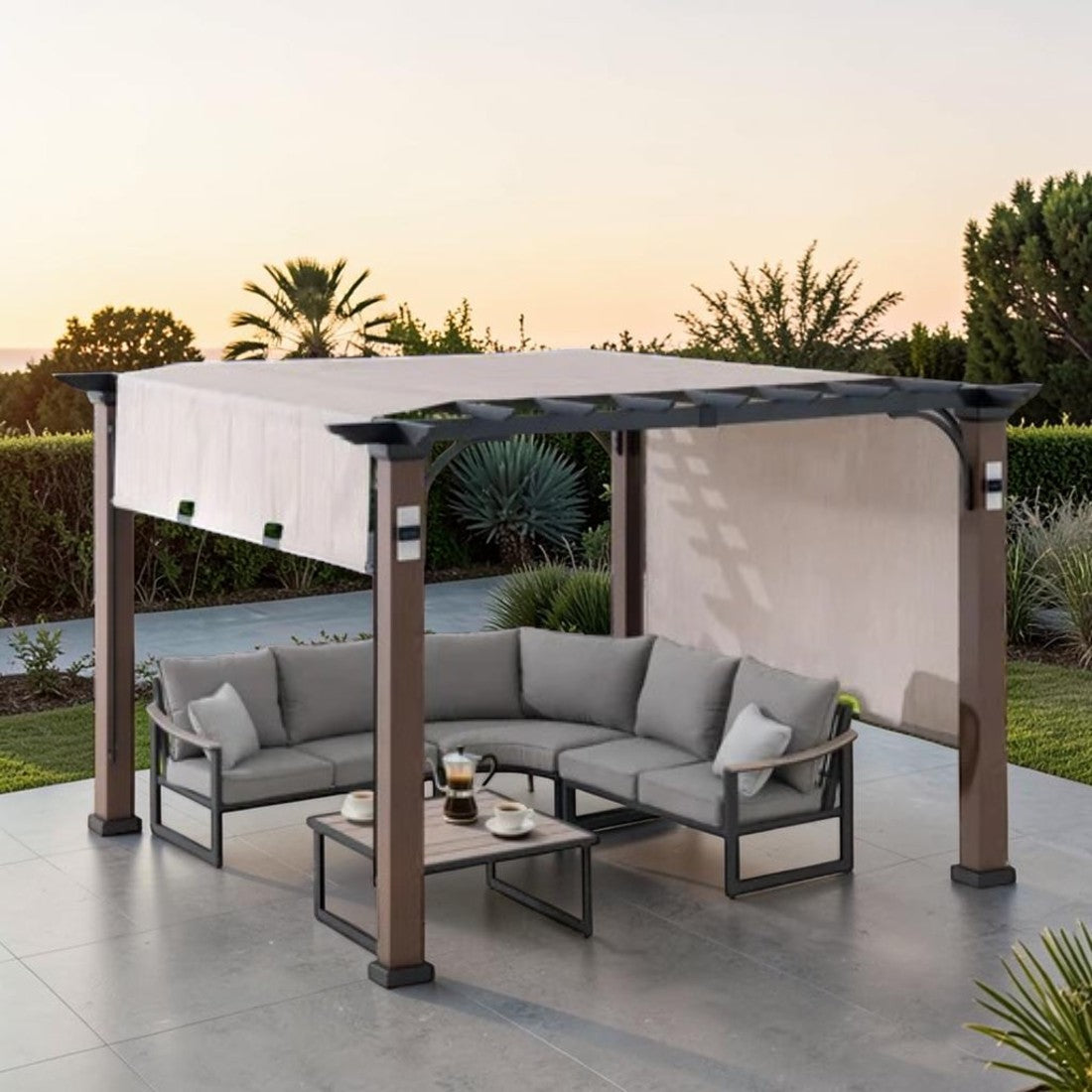 Metal Pergola with Sliding Canopy and Solar Post Lights, 11 ft.