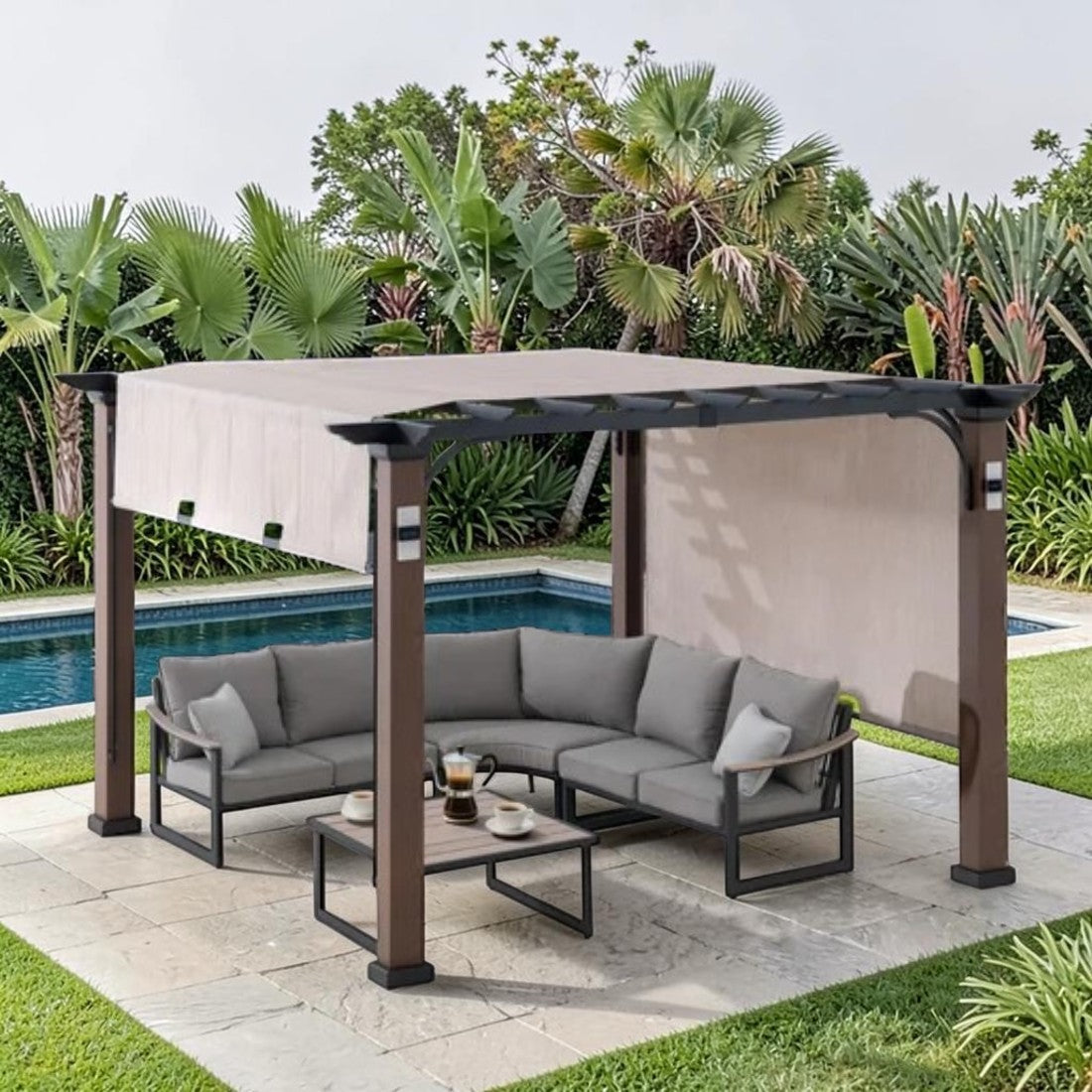 Metal Pergola with Sliding Canopy and Solar Post Lights, 11 ft.