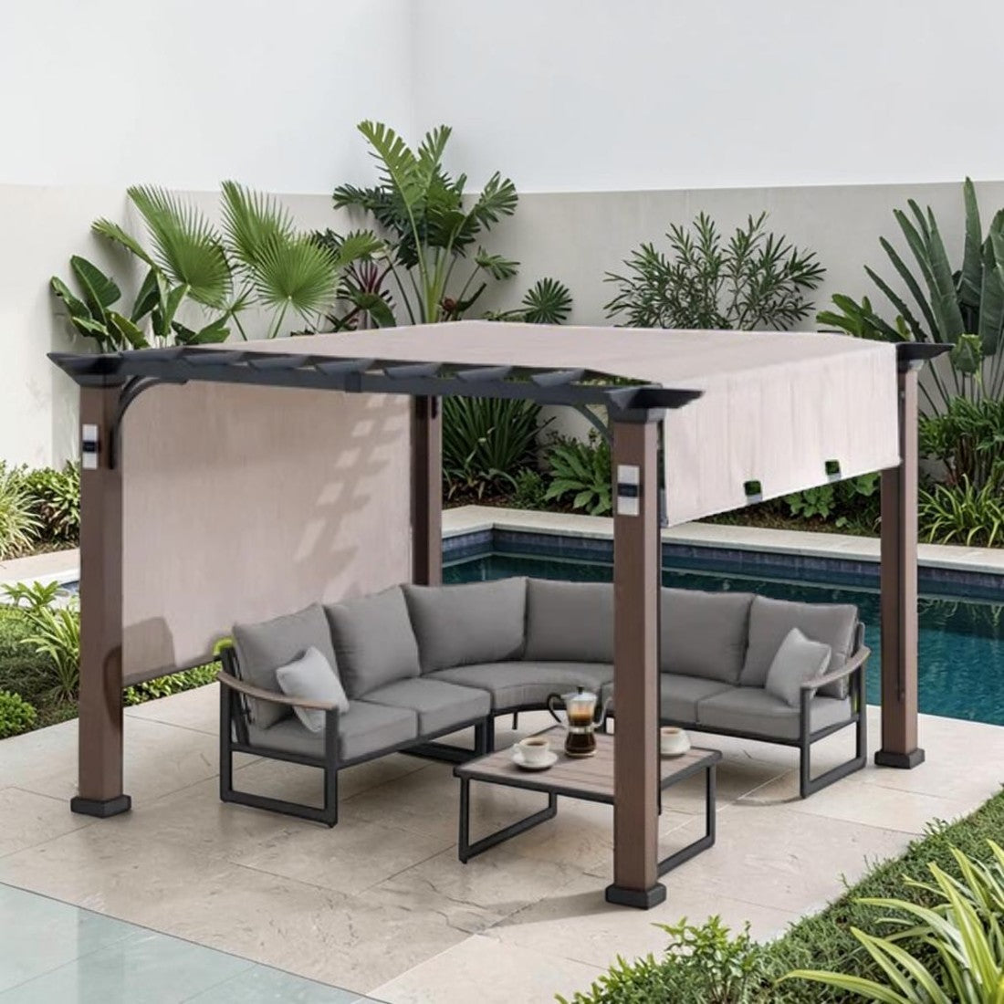 Metal Pergola with Sliding Canopy and Solar Post Lights, 11 ft.
