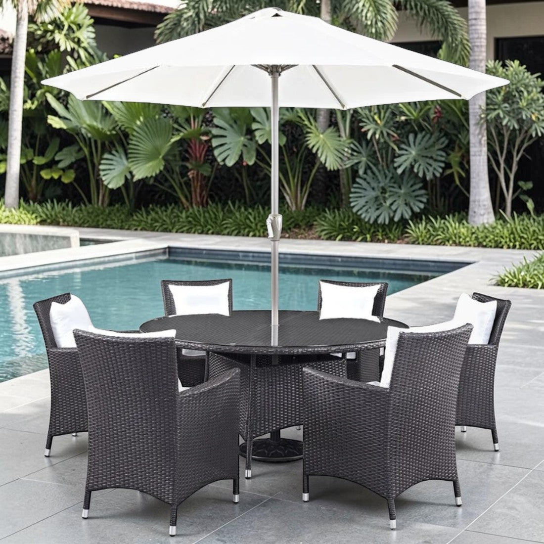 8 Piece Outdoor Dining Set with Umbrella and Wicker Chairs