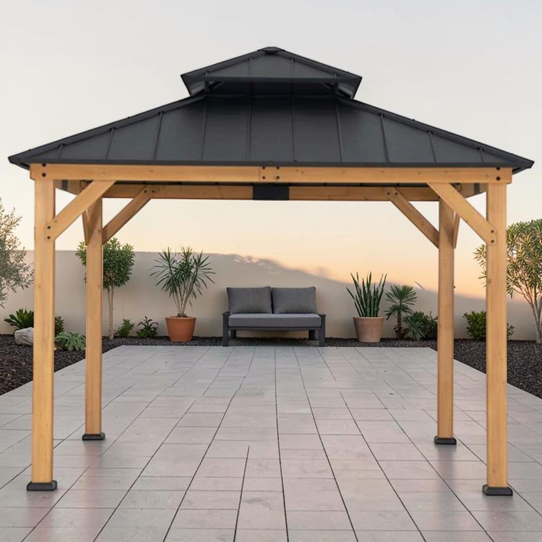 Cedar Wood Hardtop Gazebo with Steel Roof and Ceiling Hook, 11 ft.