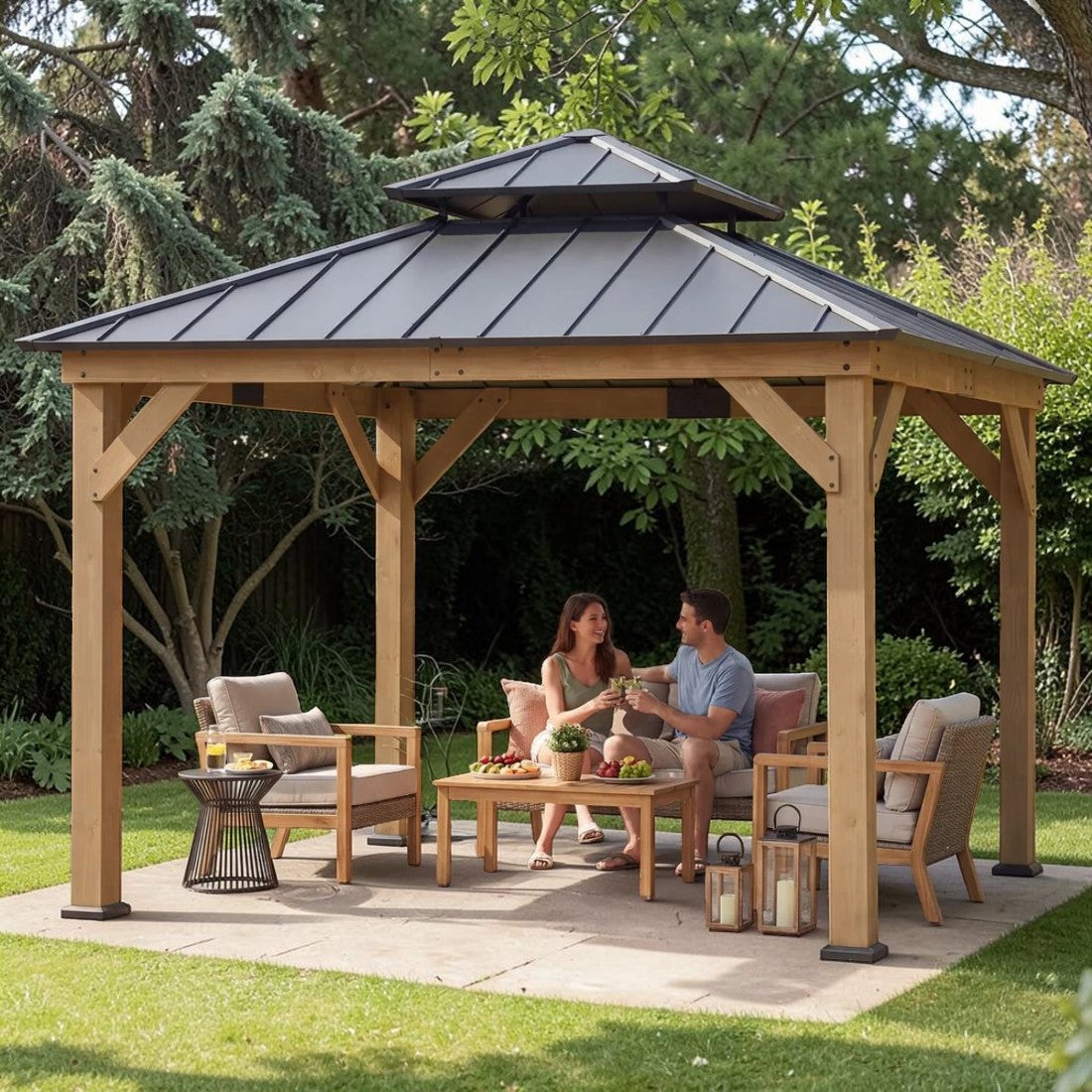 Cedar Wood Hardtop Gazebo with Steel Roof and Ceiling Hook, 11 ft.