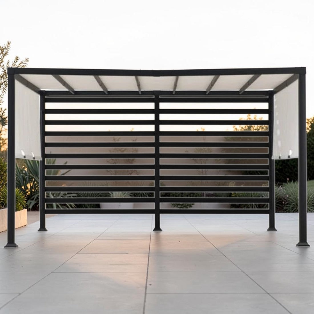 Steel Pergola with Adjustable Canopy and Privacy Wall, 10 ft. x 12 ft.