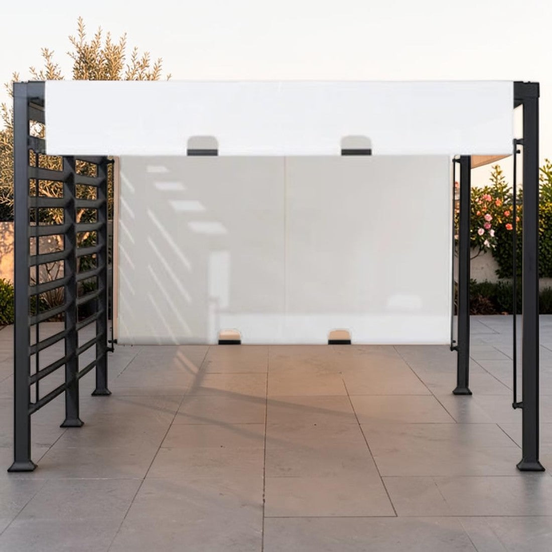 Steel Pergola with Adjustable Canopy and Privacy Wall, 10 ft. x 12 ft.