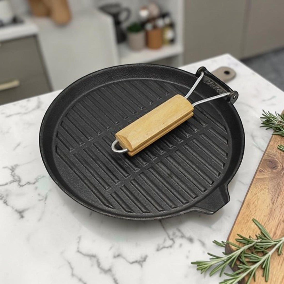 Cast Iron, Kitchen Grill Pan with Wooden Handle, 10.6 Inch