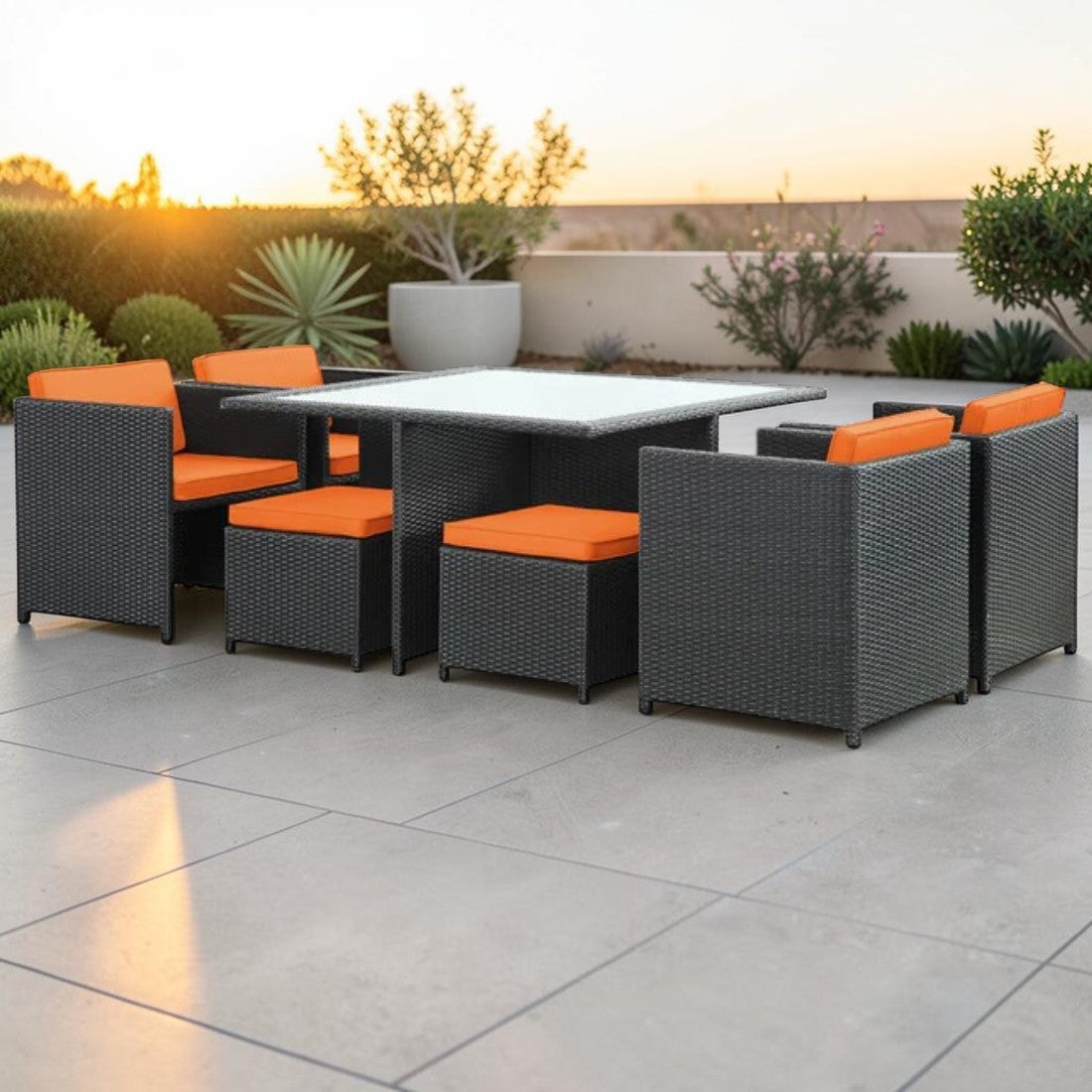 9 Piece Outdoor Dining Set with Wicker Chairs, Stools, and Glass Top Table