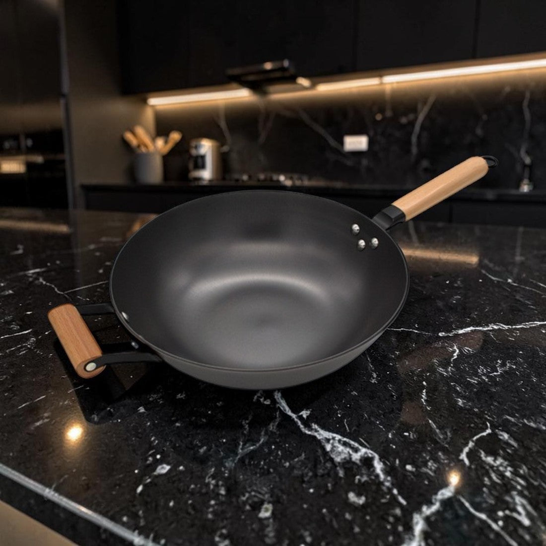 Lightweight Cast Iron, Kitchen Wok with Wooden Handles and Glass Lid