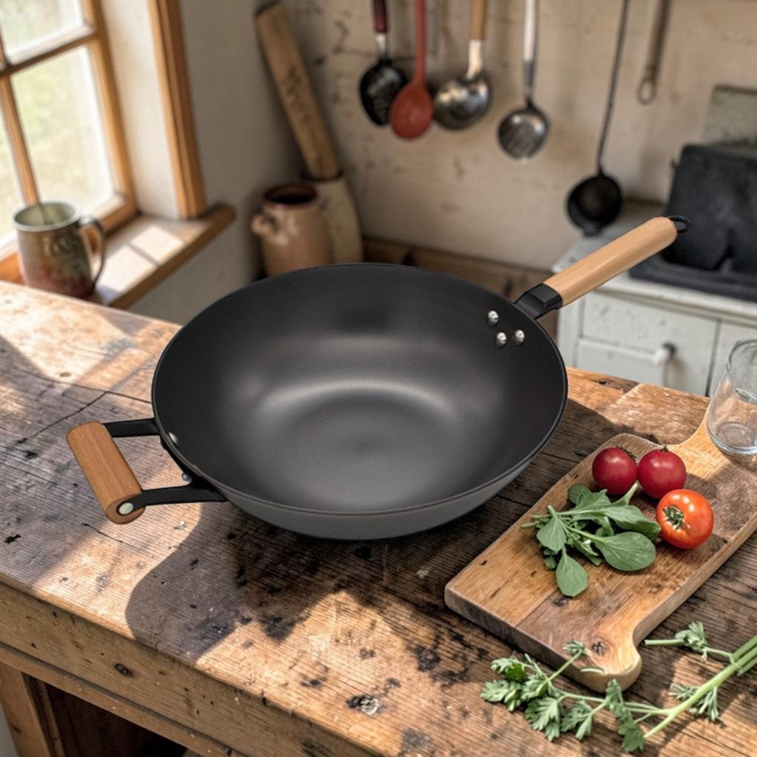 Lightweight Cast Iron, Kitchen Wok with Wooden Handles and Glass Lid
