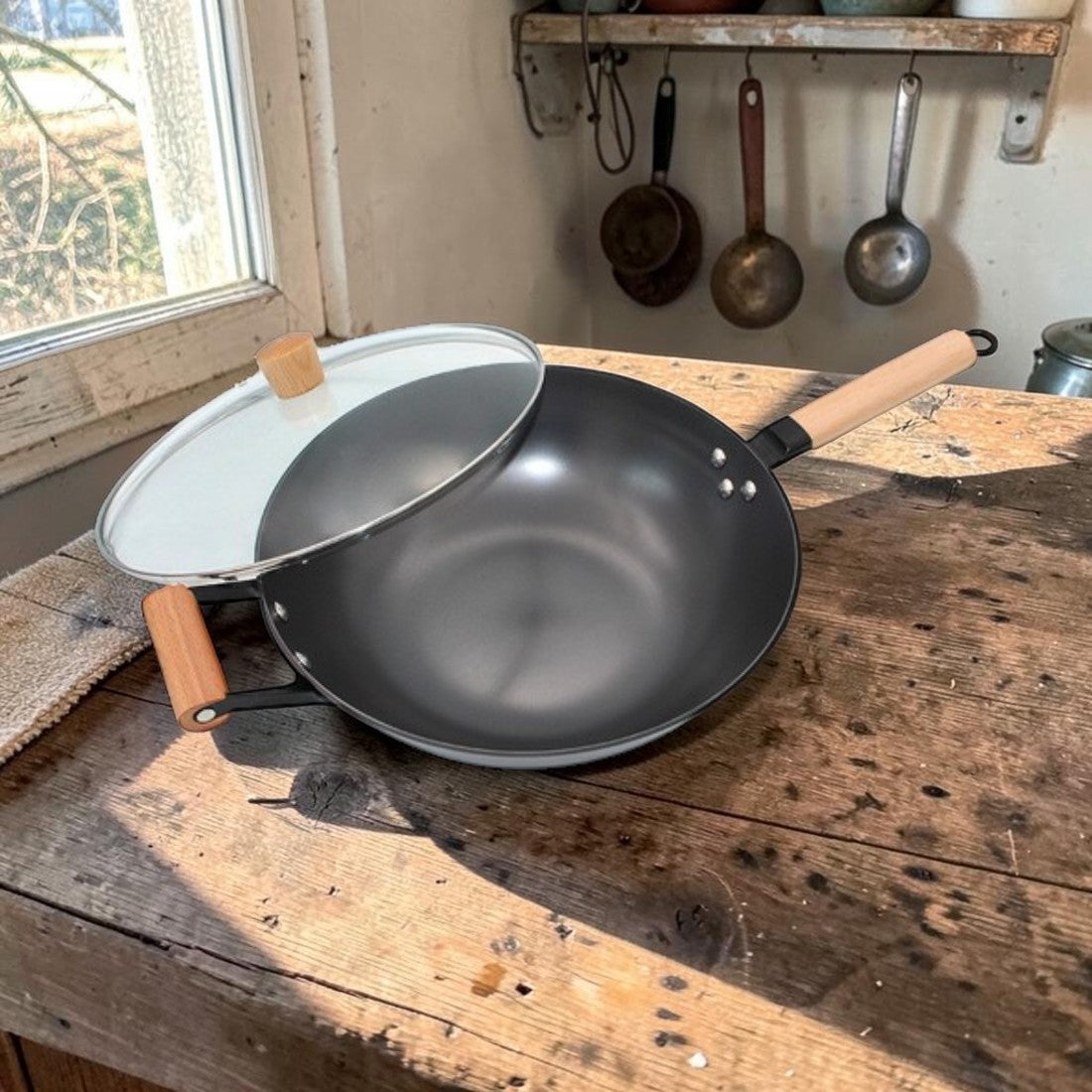 Lightweight Cast Iron, Kitchen Wok with Wooden Handles and Glass Lid