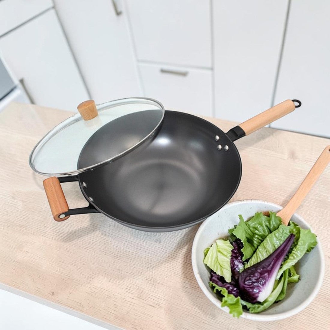 Lightweight Cast Iron, Kitchen Wok with Wooden Handles and Glass Lid