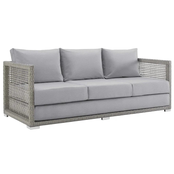 Gray Wicker, Outdoor Sofa with Cushioned Seating