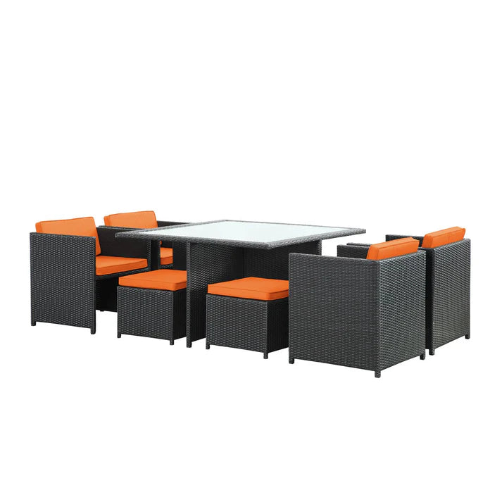 9 Piece Outdoor Dining Set with Wicker Chairs, Stools, and Glass Top Table
