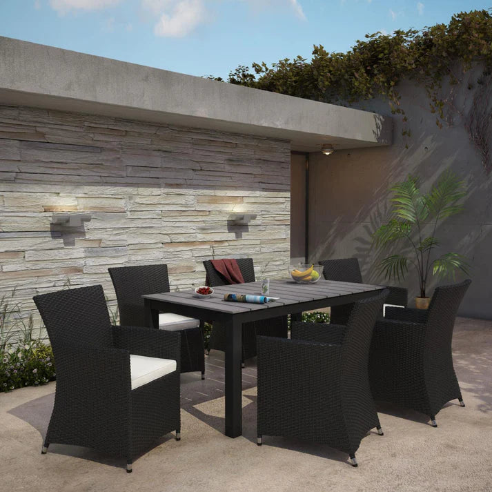 7 Piece Outdoor Dining Set with Rattan Armchairs and Rectangular Table