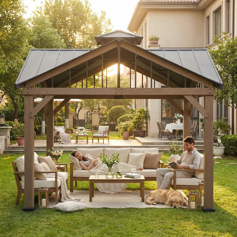 Wooden Hardtop Gazebo with Gable Roof and Roof Vent, 12 ft.