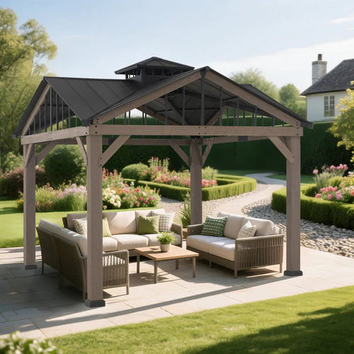 Wooden Hardtop Gazebo with Gable Roof and Roof Vent, 12 ft.