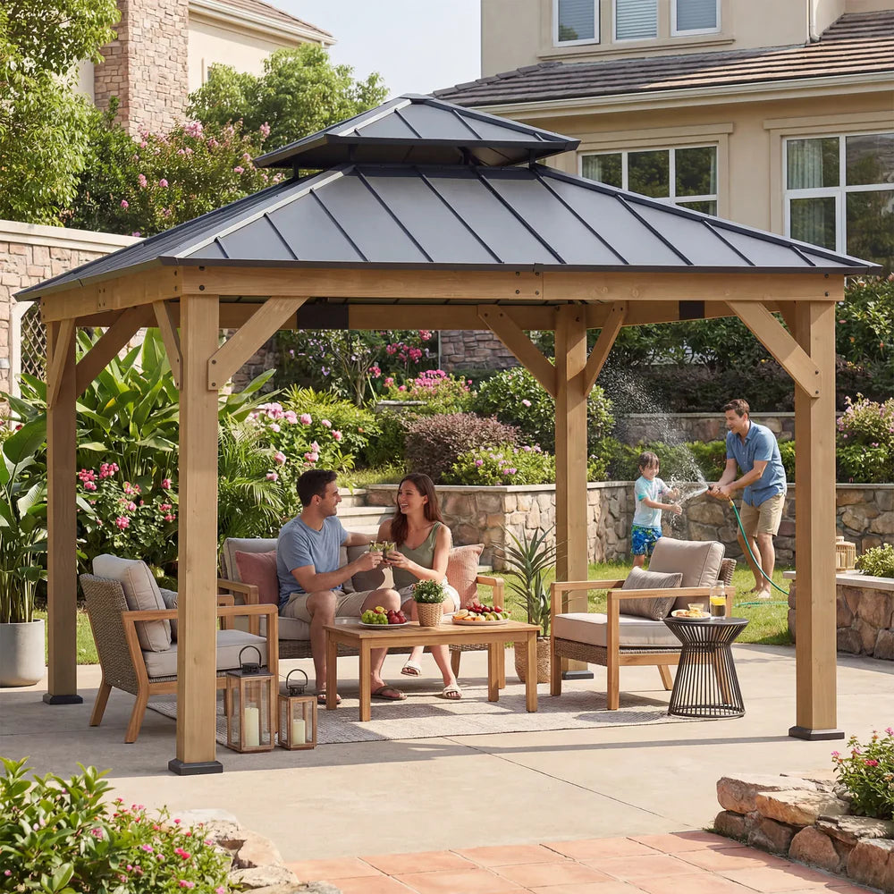 Cedar Wood Hardtop Gazebo with Steel Roof and Ceiling Hook, 11 ft.