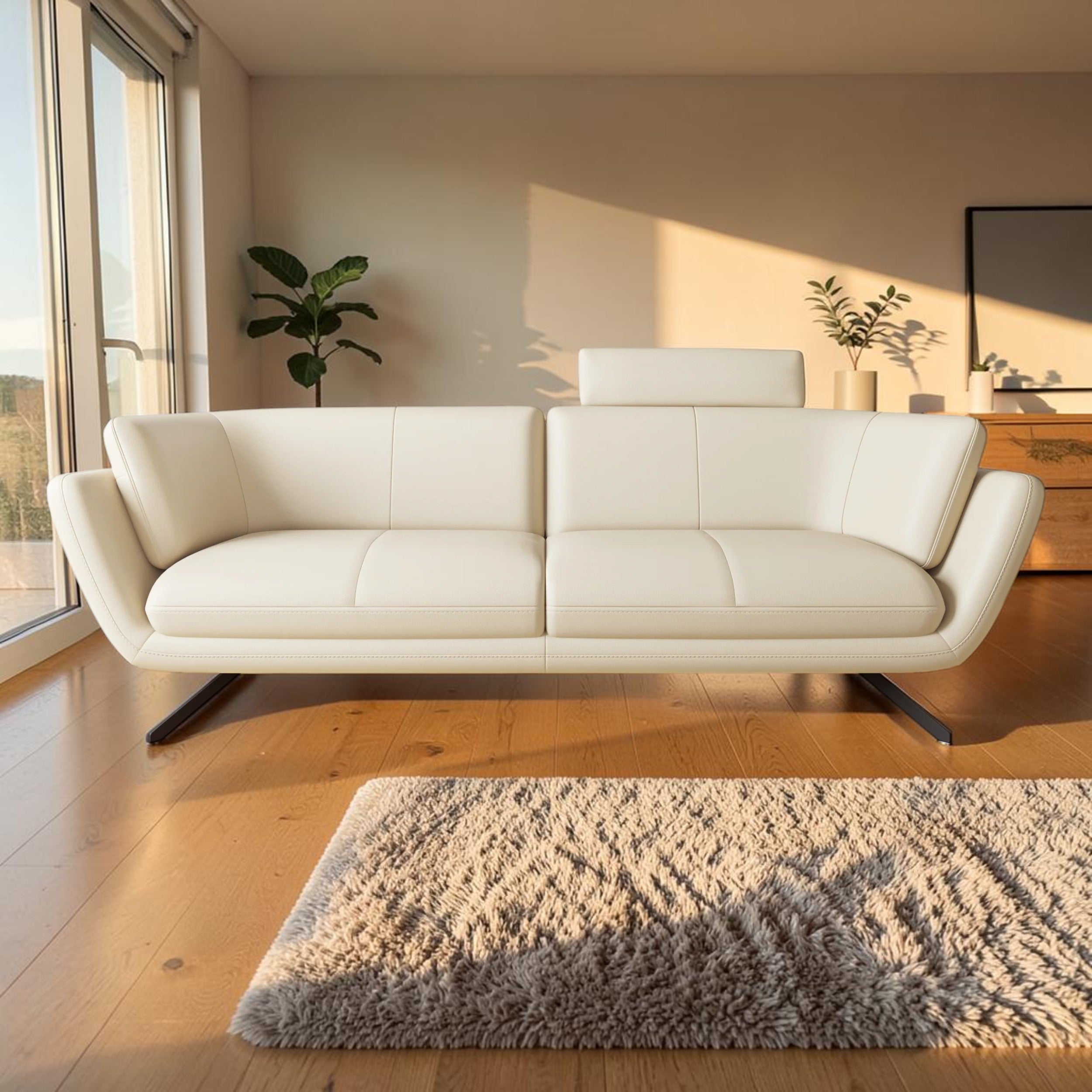 Modern Cream Leather, Living Room Sofa with Adjustable Headrest