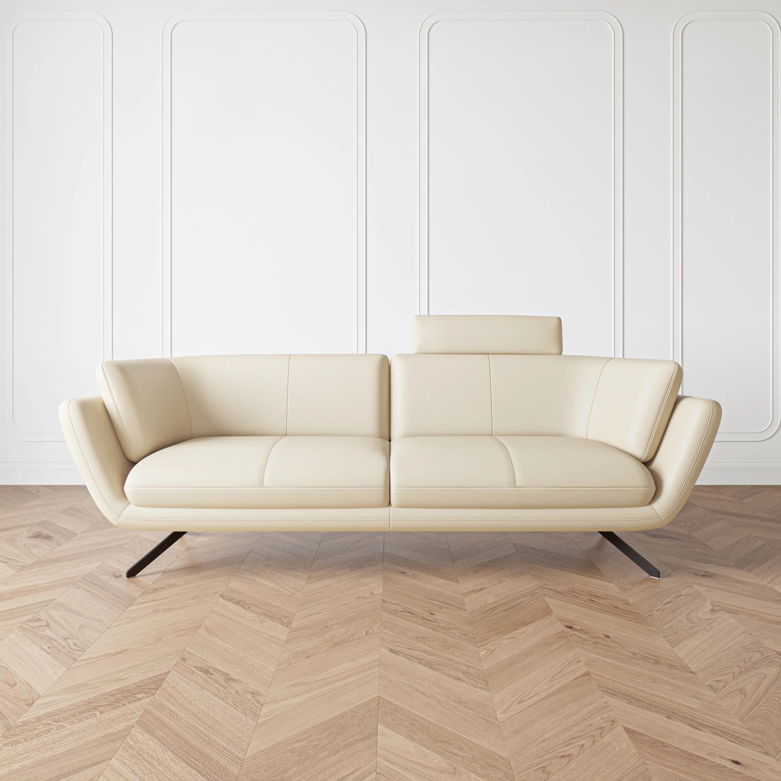 Modern Cream Leather, Living Room Sofa with Adjustable Headrest
