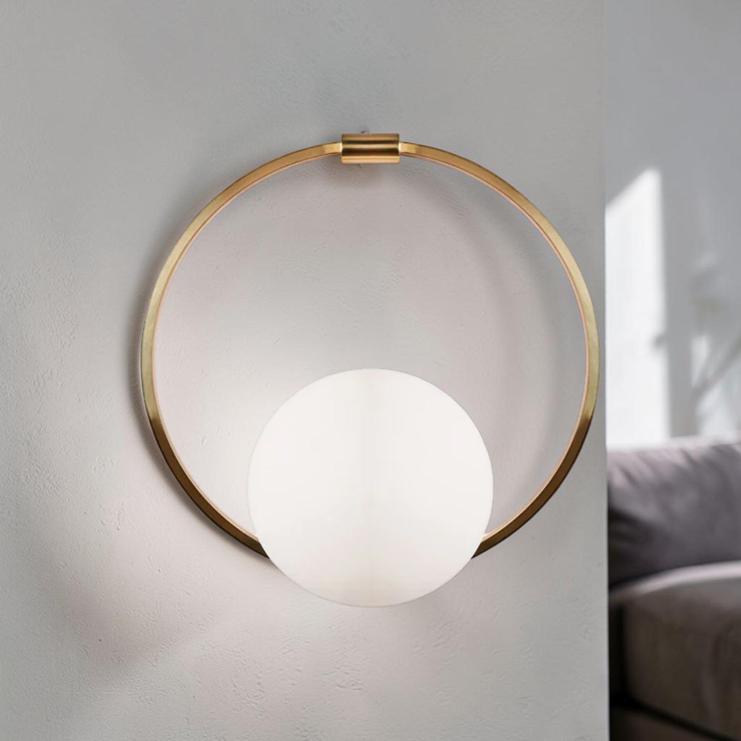 Modern Brass Ring, Wall Light with Opal Glass Globe