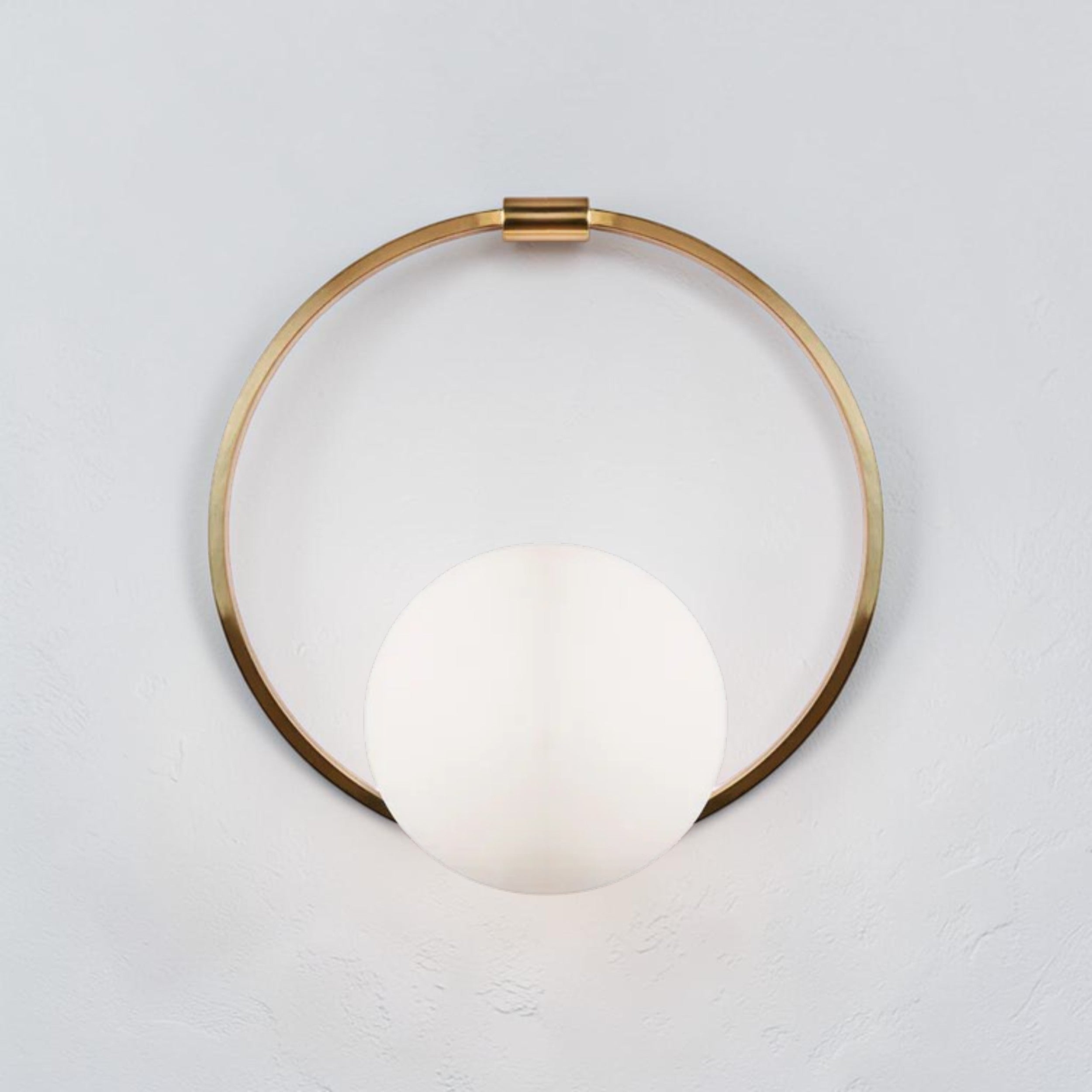 Modern Brass Ring, Wall Light with Opal Glass Globe